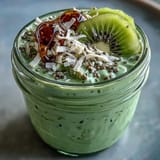 A nourishing breakfast bowl of matcha-infused oats with chia seeds, coconut, and vibrant berries for a refreshing morning treat.  