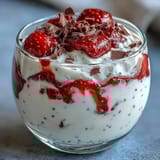 Layered strawberry yogurt chia pudding topped with dark chocolate shavings and fresh mint for a refreshing breakfast treat.  