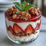 Vibrant pistachio and strawberry breakfast parfait with layers of creamy yogurt, fresh berries, and crunchy nuts.