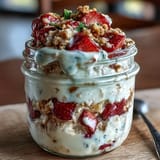 Rich and indulgent strawberry cheesecake overnight oats with a creamy yogurt-cheesecake layer, perfect for a grab-and-go morning meal.