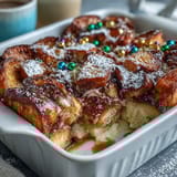 Cinnamon-swirl bread casserole baked to perfection, topped with colorful Mardi Gras sprinkles and glaze.