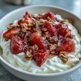 Creamy whipped Greek yogurt breakfast bowl layered with juicy strawberries and crunchy granola topping.  