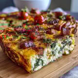 Savory One-Pan Ham and Cheese Frittata with melty cheddar, diced ham, and fresh spinach baked to golden perfection in a skillet.