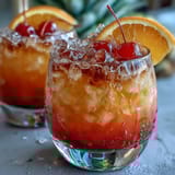 Vibrant ombre sunrise mocktail with grenadine, orange, and pineapple juices, garnished with citrus slices and cherries.