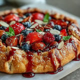 Golden Summer Berry Galette with flaky almond crust, bursting with fresh fruit.