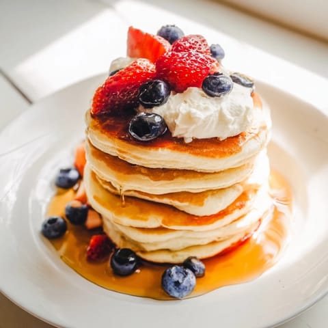 Golden-brown silver dollar pancakes, served with fresh berries, perfect for a cozy brunch.