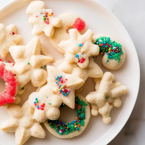 Festive holiday Spritz Cookies, pressed into charming shapes, offer a delightful buttery flavor and texture.