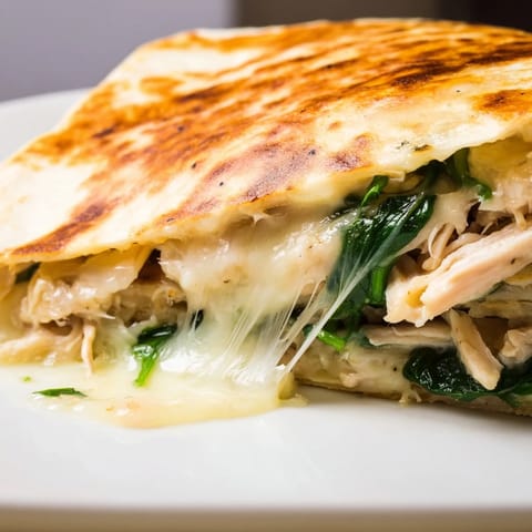 Fresh spinach and shredded chicken peek through the crispy flour tortilla of this easy, cheesy Mexican-American dinner.