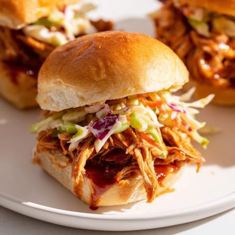 Freshly toasted mini buns filled with smoky pulled chicken and crunchy tangy slaw for parties.