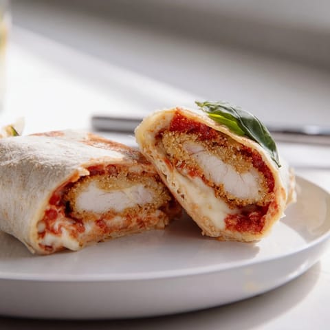 A hand holding a warm Crispy Chicken Parm Wrap, with gooey melted cheese and vibrant red marinara sauce spilling from the ends.