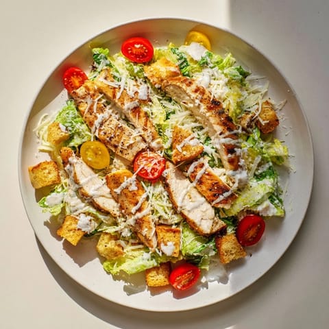 A light, refreshing yogurt Caesar grilled chicken salad with cherry tomatoes and croutons.  
