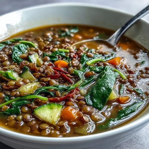 A steaming bowl of Lentil and Vegetable Soup with carrots, celery, and wilted greens, garnished with fresh parsley.  