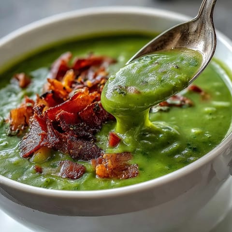 Steaming bowl of classic split pea soup, a cozy and flavorful comfort food.