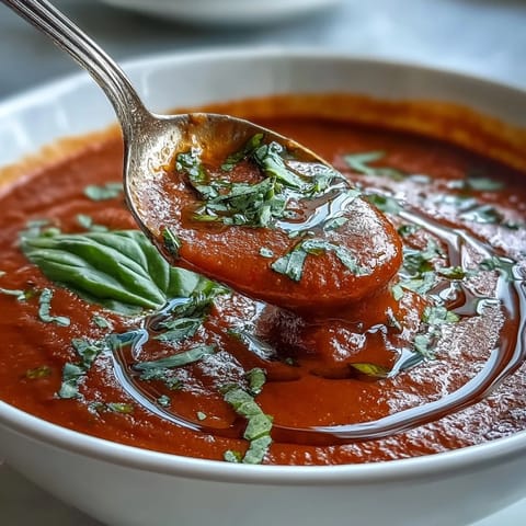 Velvety tomato and basil soup, vibrant red, garnished with fresh basil.