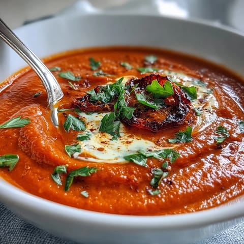 Vibrant Roasted Red Pepper Soup, smooth and creamy, perfect with crusty bread.