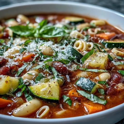 A vibrant bowl of Minestrone Vegetable Soup, packed with colorful garden vegetables.