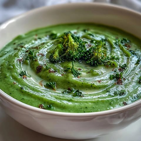 A close-up of vibrant green Creamy Broccoli Soup in a rustic bowl, topped with a swirl of cream and fresh chives.  