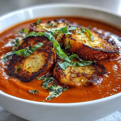 Velvety roasted tomato soup, ready to enjoy with savory crispy croutons.