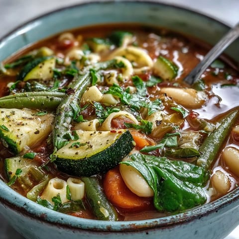 Hearty Minestrone Vegetable Soup steaming in a white pot, loaded with zucchini, carrots, and tender greens.