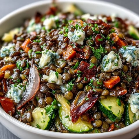Black Lentil Salad with feta, cherry tomatoes, and zesty lemon dressing in a serving bowl.