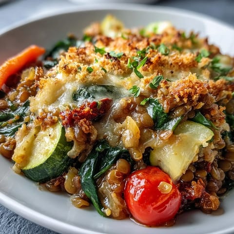 Healthy Green Lentil and Vegetable Casserole topped with herbs, featuring colorful zucchini, carrots, and tomatoes on a marble counter.