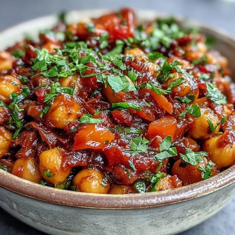 Spicy Chickpea Stew simmering in a pot, with tender chickpeas and vibrant vegetables in a rich tomato broth.