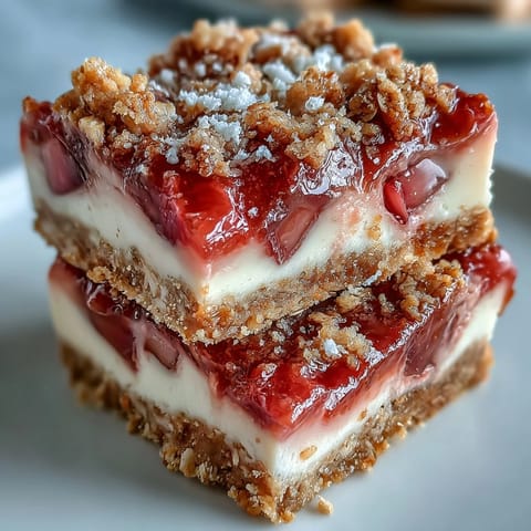 A close-up of Rhubarb and Custard Crumble Bars, revealing layers of tangy fruit, creamy custard, and crumbly topping.