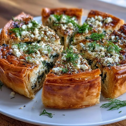 A close-up of a slice of Feta and Kale Börek, highlighting the creamy feta and wilted kale mixture inside the crisp crust.