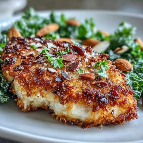 A close-up of crispy almond-crusted chicken over marinated kale with sumac and tomatoes.