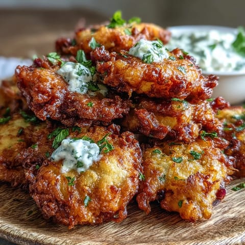 Freshly fried cauliflower bhajis on a wooden board, garnished with cilantro and paired with a chilled spiced yogurt sauce.  