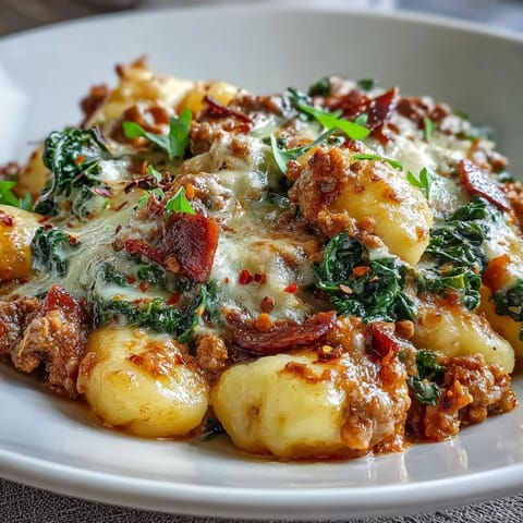 Tender potato gnocchi tossed with browned Italian sausage, wilted kale, and diced tomatoes, finished with Parmesan for a hearty meal.