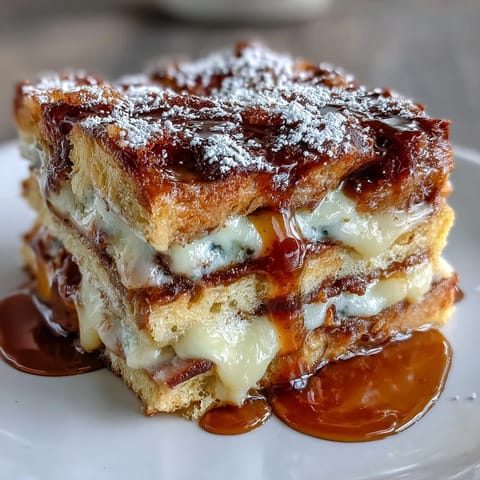 Golden-brown Monte Cristo Breakfast Casserole fresh from the oven, dusted with powdered sugar.