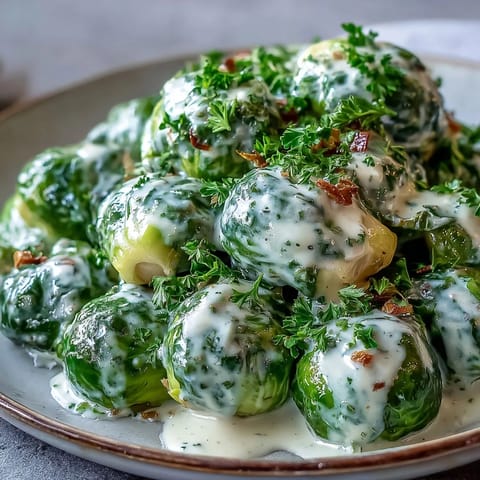 Tender Brussels sprouts nestled in a velvety cream cheese and Dijon mustard sauce, ready to be served alongside roasted chicken or pork.