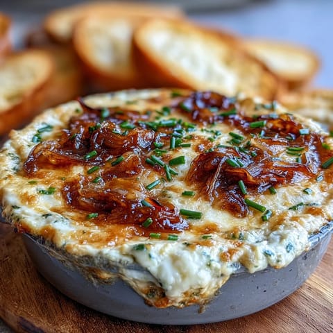 Golden, bubbly Smoked Gouda & Onion Dip fresh from the oven, topped with fresh chives.