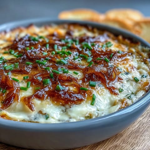 Smoked Gouda & Onion Dip served warm with crunchy tortilla chips and fresh veggies.
