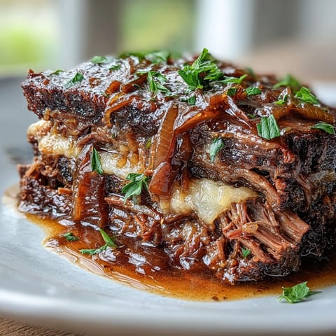 Gooey Gruyere melts over tender shredded beef from the Savory Crock Pot French Onion Pot Roast.