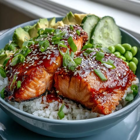 Pan-fried salmon fillets glazed in sticky honey sriracha sauce and served over fluffy jasmine rice.