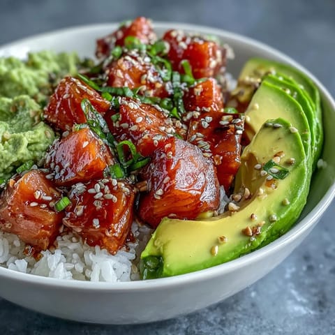 Avocado Salmon Bowl featuring tender salmon, sliced avocado, cucumber, and spring onions over sushi rice, drizzled with spicy chili oil and tamari sauce.  