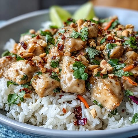 A close-up of the Peanut Chicken Protein Bowl reveals glistening peanut sauce over sautéed chicken, crisp cabbage, and fluffy coconut rice for a satisfying lunch.