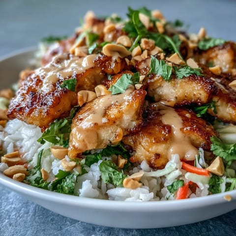Colorful Peanut Chicken Protein Bowl featuring tender chicken, crisp vegetables, and creamy peanut sauce drizzled over fluffy coconut rice.  