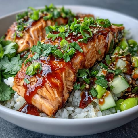 Flaky baked salmon pieces rest atop fluffy white rice in a vibrant Bang Bang Salmon Bowl. Crisp cucumber-edamame salsa and creamy bang bang sauce add texture and color.