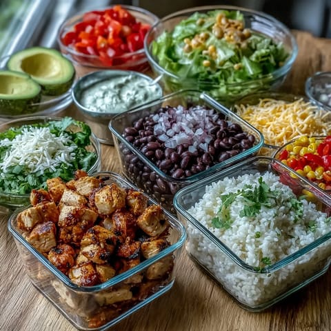 Vibrant Meal Prep Burrito Bowl Base in containers, featuring beans, corn, and optional toppings like salsa and cheese.  