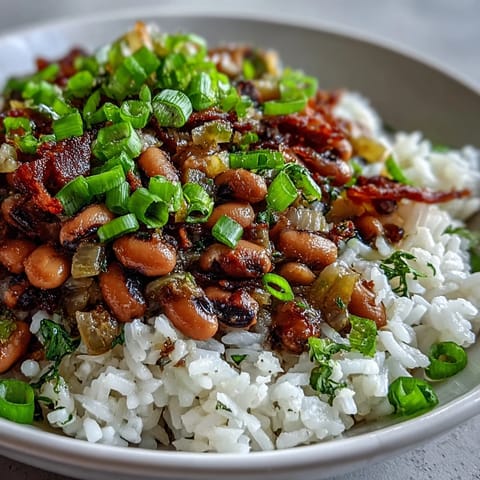 Savory Hoppin John with smoky bacon and black-eyed peas served over fluffy white rice.