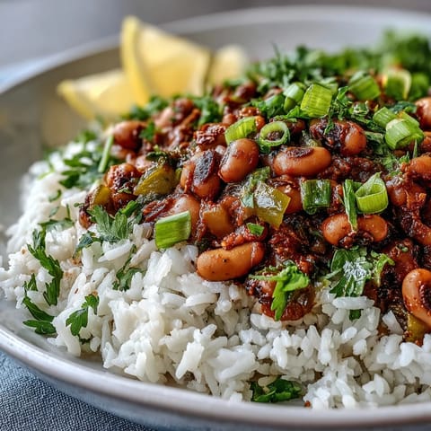 A hearty bowl of plant-based Hoppin John, garnished with fresh parsley and green onions.