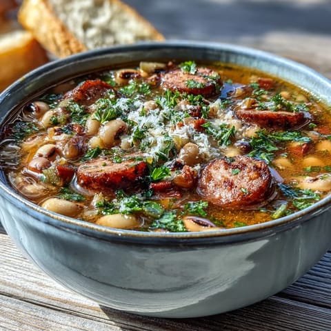 Steaming bowl of Black-Eyed Peas and Sausage Soup garnished with fresh parsley and Parmesan cheese.