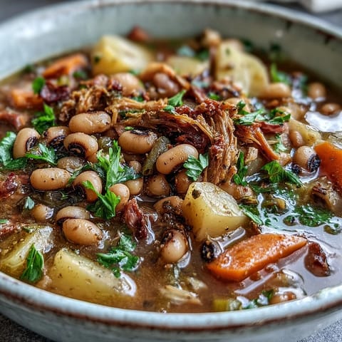 Ladleful of hearty Black-Eyed Pea Stew with Smoked Ham Hocks featuring tender vegetables and rich savory broth.