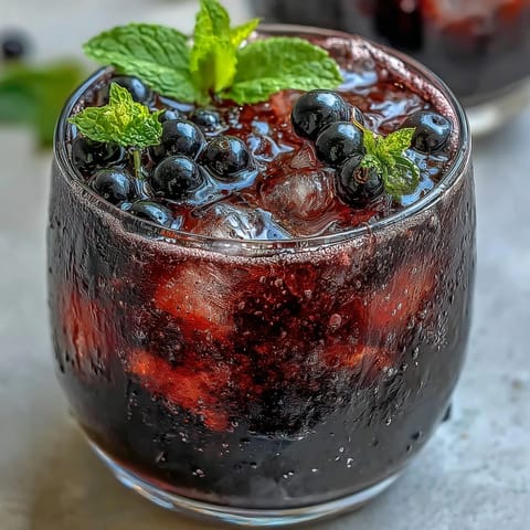 Sparkling Black Currant It Berry Celebration Drink mocktail garnished with fresh berries and mint in a tall glass.