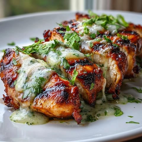Sizzling Grilled Salsa Verde Pepper Jack Chicken fresh off the grill with juicy slices and char marks.