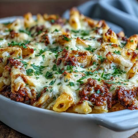 A hearty scoop of Cottage Cheese Protein Pasta Bake with Ground Beef showing creamy layers, whole wheat penne, and rich marinara, ready to serve with garlic bread.