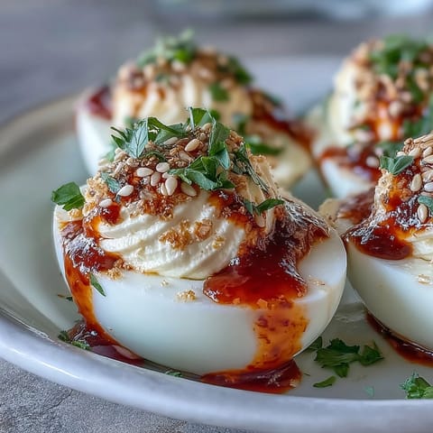 Spicy Chili Garlic Deviled Eggs topped with chili crisp oil, sesame seeds, and fresh cilantro on a rustic serving platter.